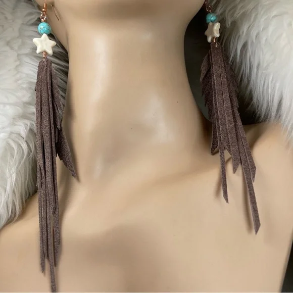 Howlite Gemstone And Turquoise Genuine Brown Leather Fringe Earrings - Picture 4 of 15